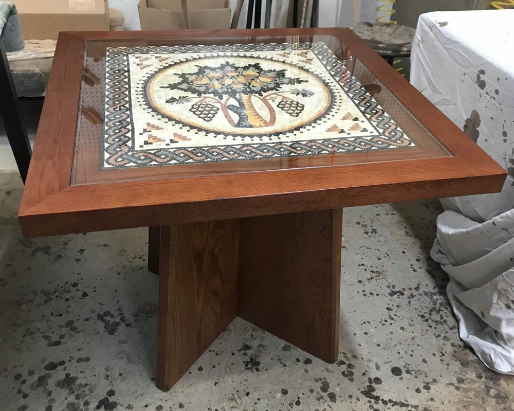 Custom oak table with mosaic inset